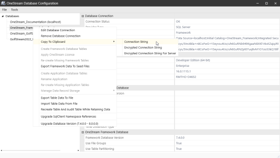 Database Connections drop down menu with Copy to Clipboard and Connection String highlighted